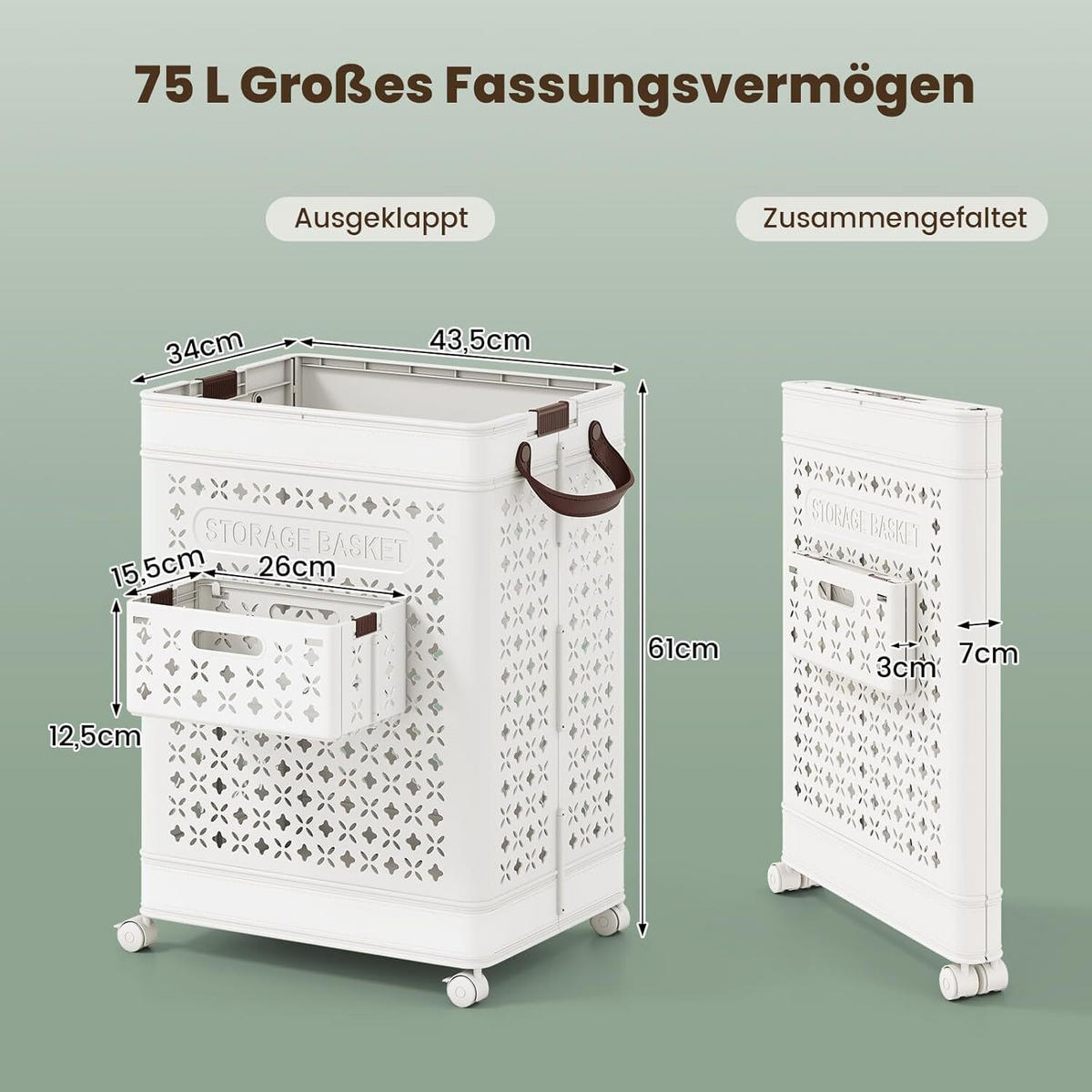 WÄSCHEBEHÄLTER mit Rädern weiß - Weiß, Kunststoff (43.5/61/34cm) - COSTWAY