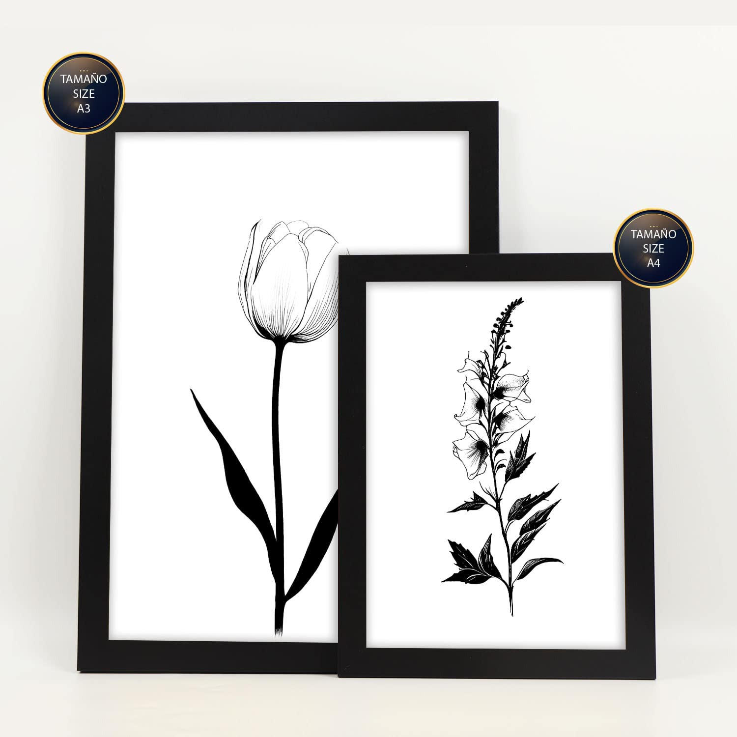 POSTER Set Mit 6 Kleine Blumen Natur Und Botanikdrucke Mit Blumenmotiven In Klassischem Schwarz Und Weiß Innenarchitektur A3 & A4 Schwarzer Rahmen - Schwarz, Papier (29/3cm) - Nacnic