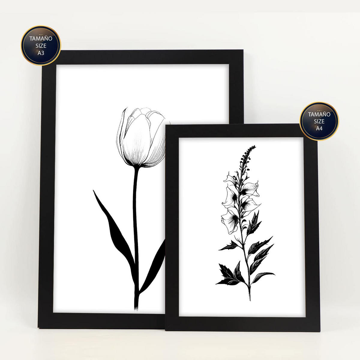 POSTER Set Mit 6 Kleine Blumen Natur Und Botanikdrucke Mit Blumenmotiven In Klassischem Schwarz Und Weiß Innenarchitektur A3 & A4 Schwarzer Rahmen - Schwarz, Papier (29/3cm) - Nacnic