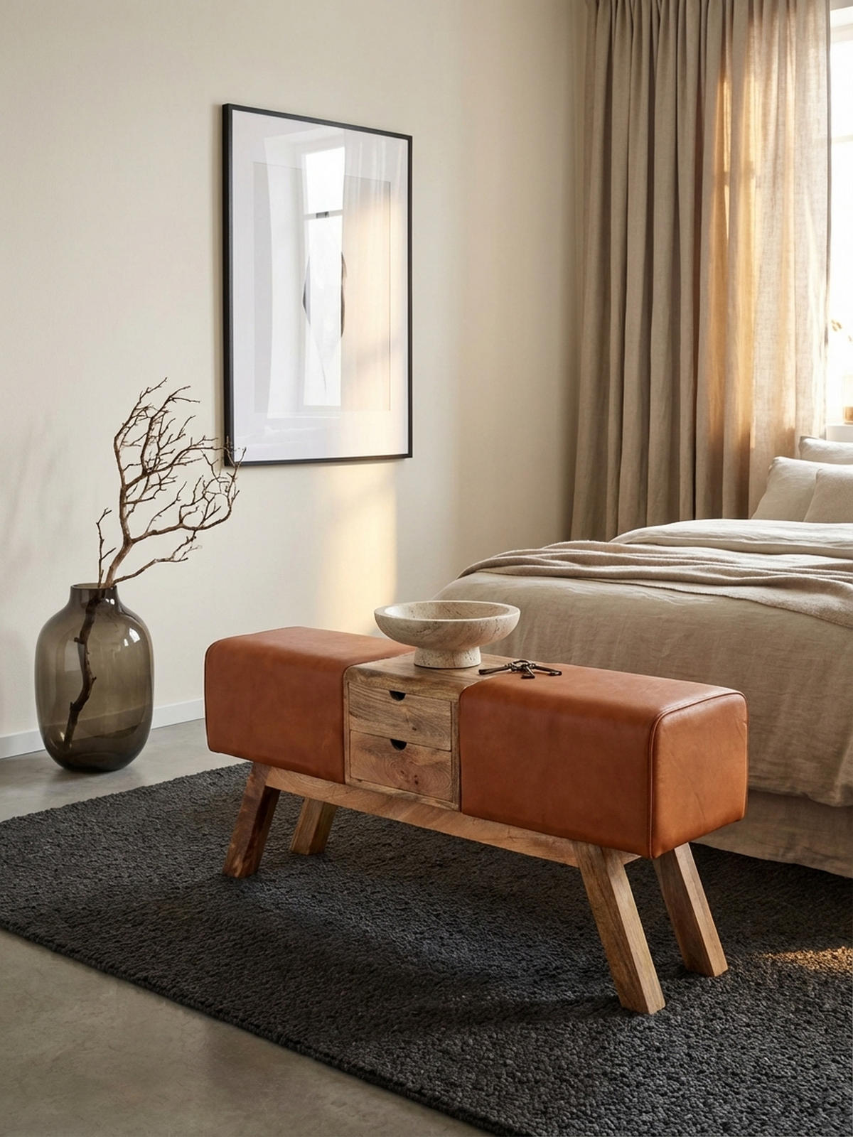 SITZBANK Massivholz Stoffbezug mit 2 Schubladen, Braun 120x30x56 cm - Braun, Mangoholz/Leder (120/56/30cm) - KADIMA DESIGN