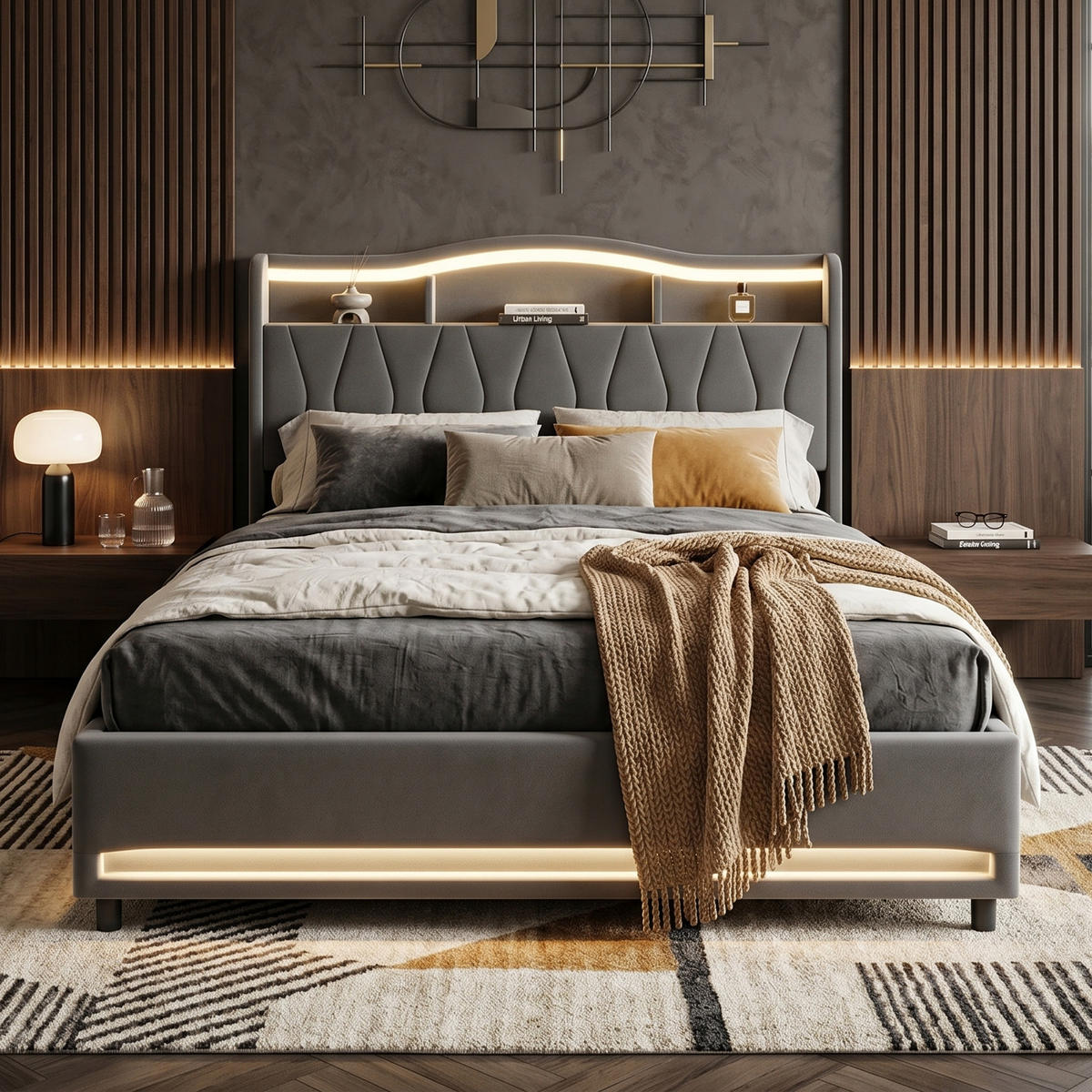 POLSTERBETT Geometrisch 140/200 cm mit 4 Schubladen & App-LED Samtoptik Grau - Grau, Textil (140/200cm) - Creahappy