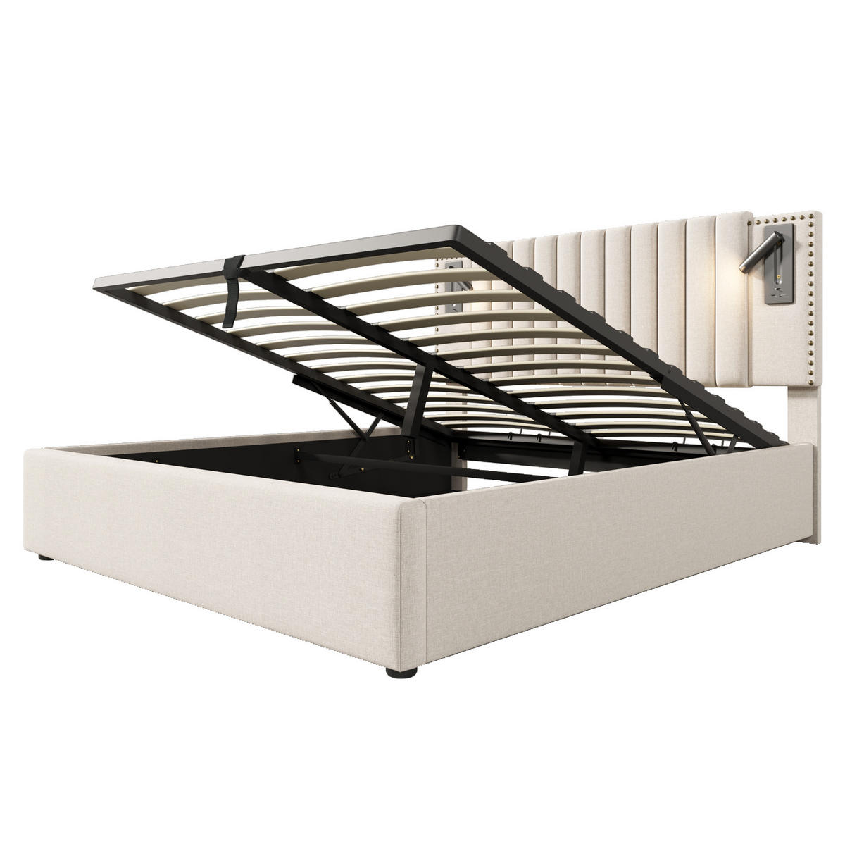 POLSTERBETT 140/200 cm Beige aus Baumwolle mit Bettkasten, USB-C, Leselicht und Matratze - Beige, Holzwerkstoff (140/200cm) - OKWISH