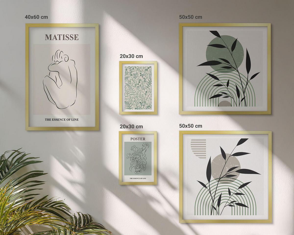 BILDER SET 5er Set - 50x50 cm & 20x30 cm & 40x60 cm Goldrahmen - Linien, Pflanzenmuster, Minimalismus - Goldfarben, Kunststoff (40/60cm) - TULUP