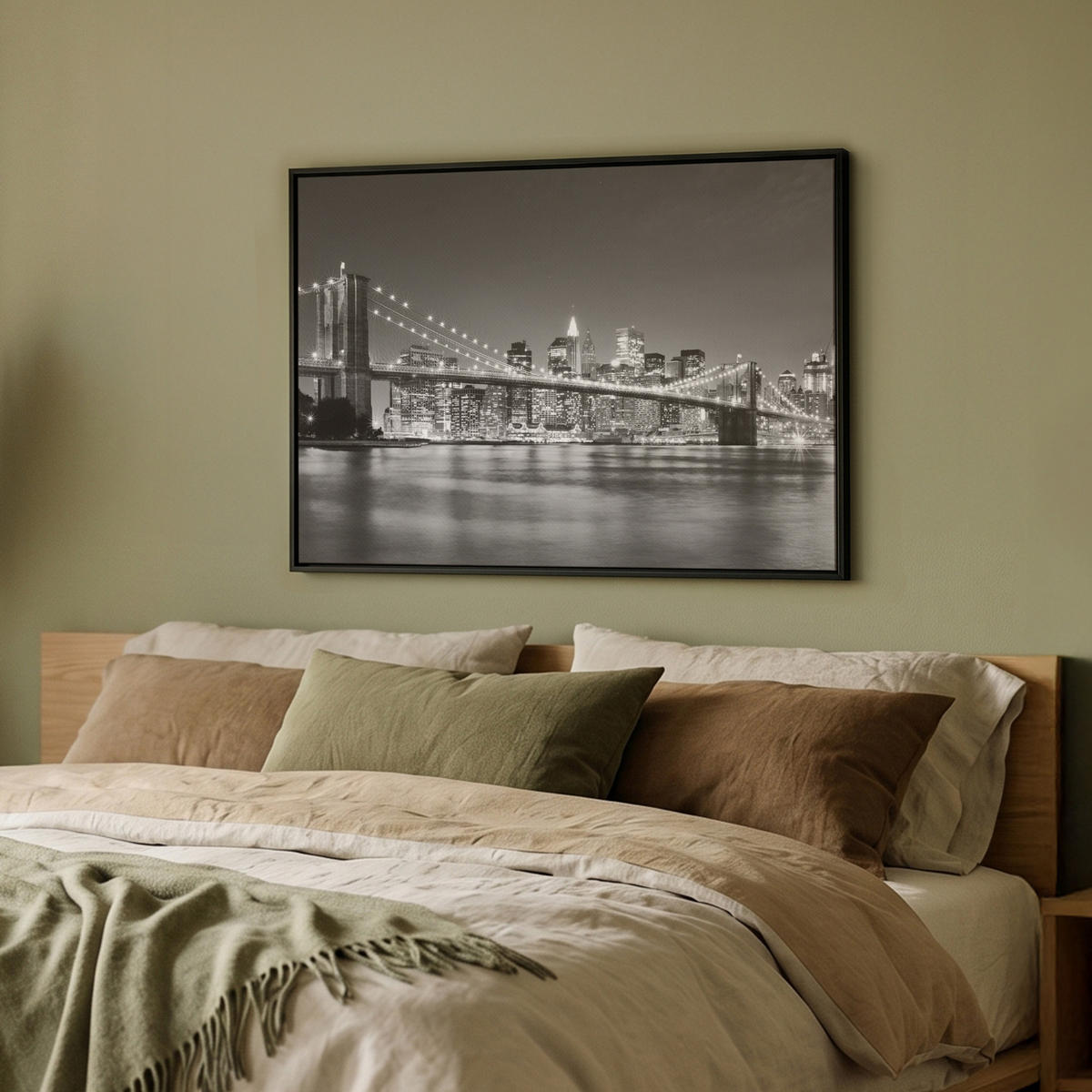 LEINWAND Bilder mit Rahmen - New York - Brücke - Brooklyn - Schwarz und weiß - Architektur - 80x60 - Schwarz, Textil (80/60cm) - MuchoWow