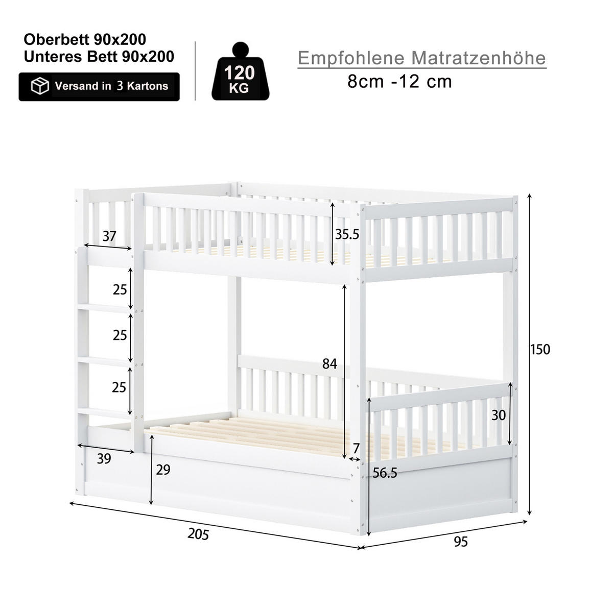 POSCHODOVÁ posteľ 90/200 cm biela z masívneho dreva s hydraulickým úložným priestorom - biela, drevo (90/200cm) - OKWISH