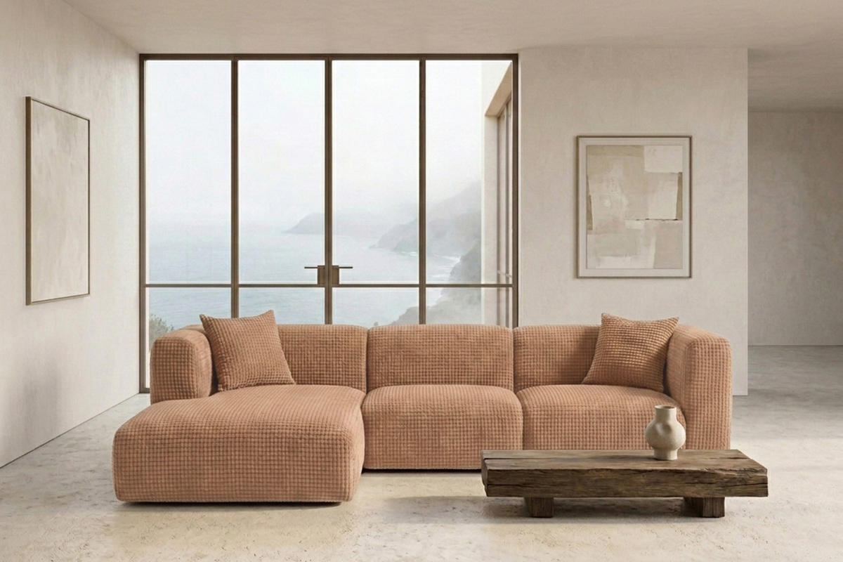 ECKSOFA L-Form, Chenille-Stoff Cremona, Hellbraun, Links, GRETA - Hellbraun, Holz (318/179cm) - Kaiser Möbel