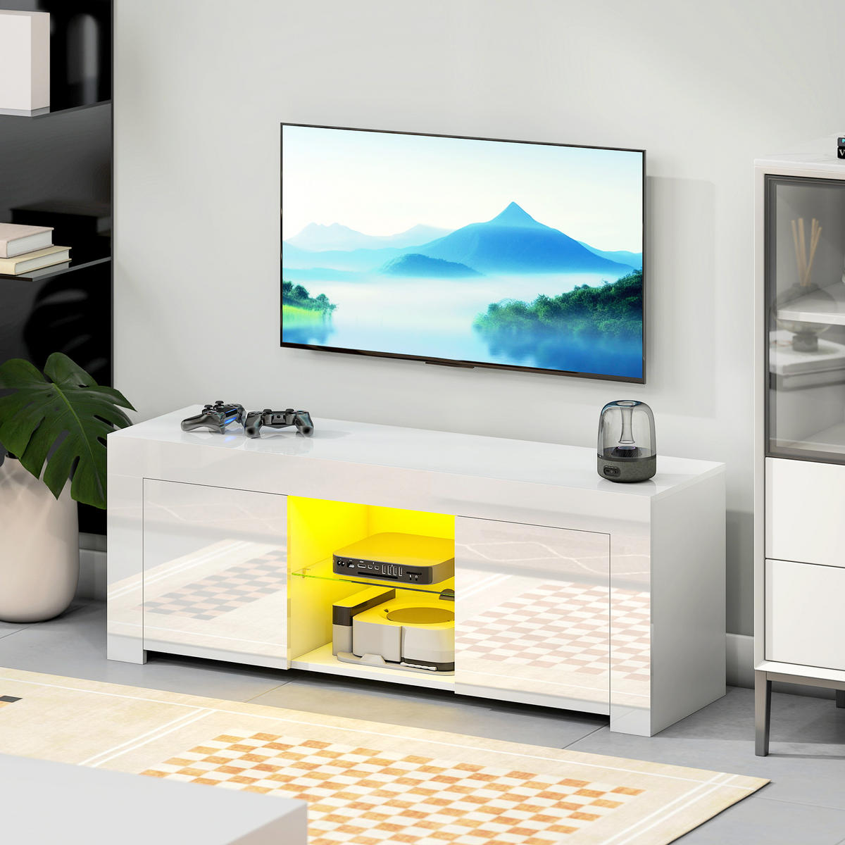 TV-SCHRANK mit LED-Beleuchtung, 2 Schranktüren, Glasregal, Kabellöcher Weiß - Weiß, Glas/Holzwerkstoff (34/45/120cm) - HOMCOM