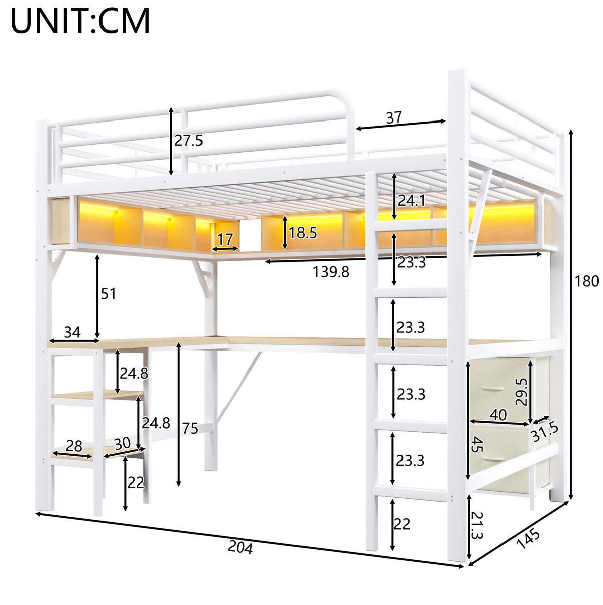 HOCHBETT aus Metall und MDF 140/200 cm mit Schreibtisch, Regal, Schrank, USB und LED-Beleuchtung, Weiß - Weiß, Holzwerkstoff (140/200cm) - Redom