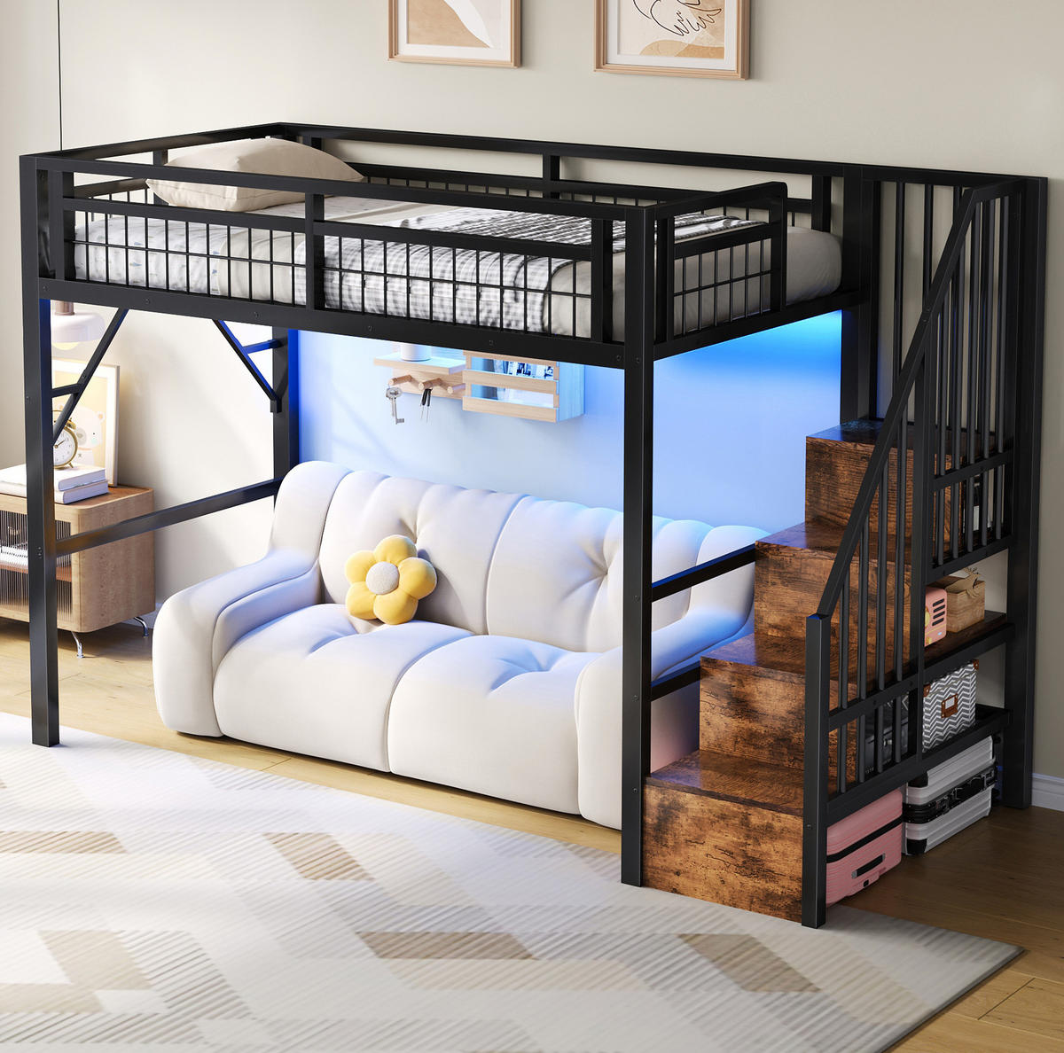 HOCHBETT aus Metall und MDF 90x200 cm Schwarz mit LED-Lichtleiste, Stauraumtreppe und offenem Freiraum - Schwarz, Metall (90/200cm) - Modfu