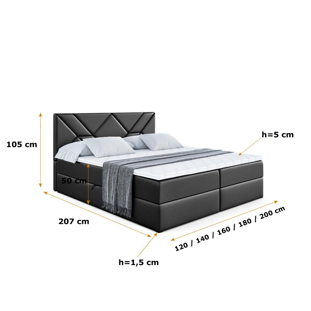 BOXBETT mit Matratze H3 und Lattenrost - BARWA - 140 x 200 Schwarz Hochglanz - Schwarz Hochglanz, Holzwerkstoff (140/200cm) - ALTDECOR