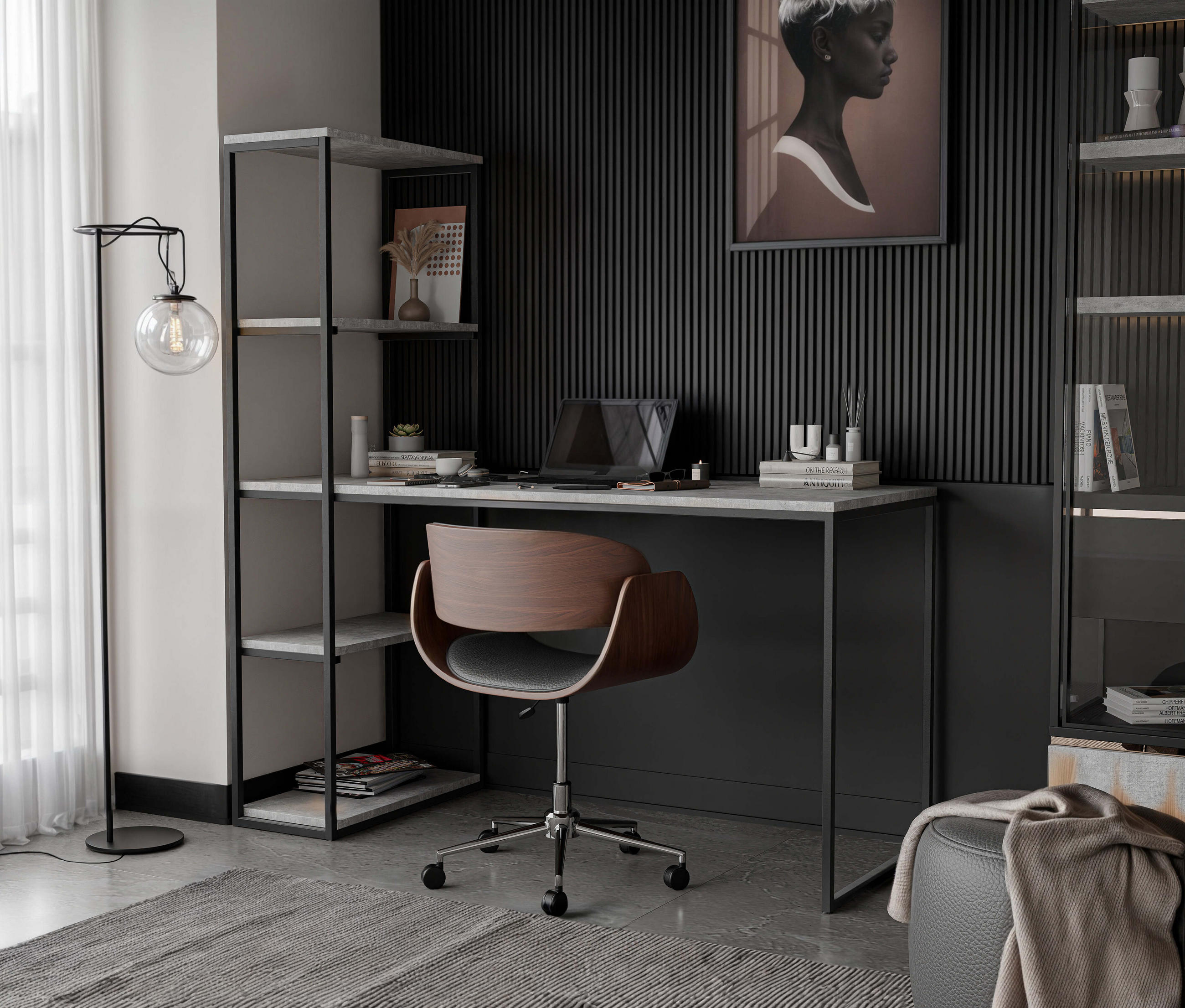 SCHREIBTISCH mit Seitenregal, Bellato Grau - Schwarz/Grau, Holzwerkstoff (152/60/160cm) - Idohome