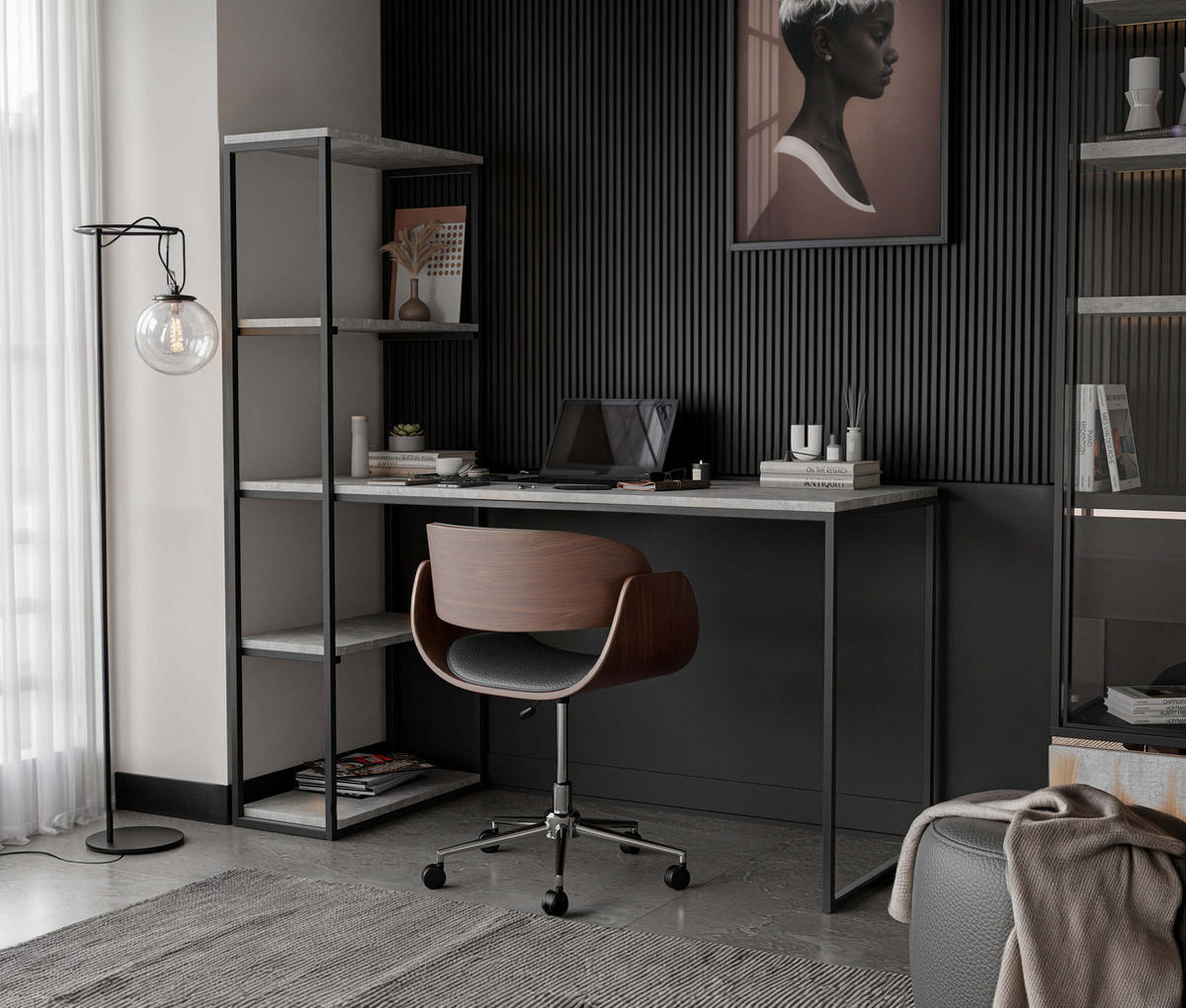 SCHREIBTISCH mit Seitenregal, Bellato Grau - Schwarz/Grau, Holzwerkstoff (152/60/160cm) - Idohome