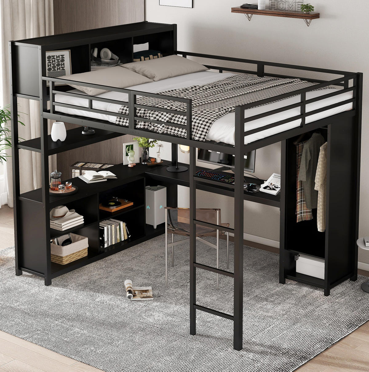 HOCHBETT 140/200 cm mit Schreibtisch, doppeltem Stauraum, Kleiderschrank und 4-stufiger Leiter, Schwarz - Schwarz, Metall (90/200cm) - Redom