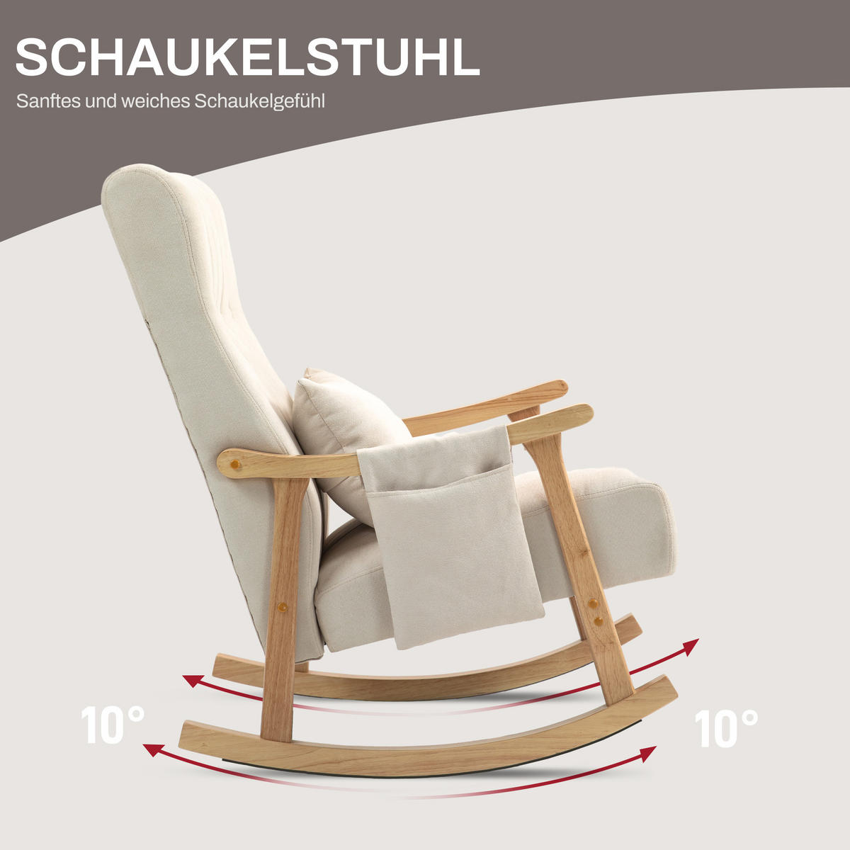 SCHAUKELSTUHL Schaukelsessel mit Lendenkissen, Seitentasche für Wohnzimmer Beige - Beige/Naturfarben, Holz/Buchenholz (65/98/90cm) - HOMCOM