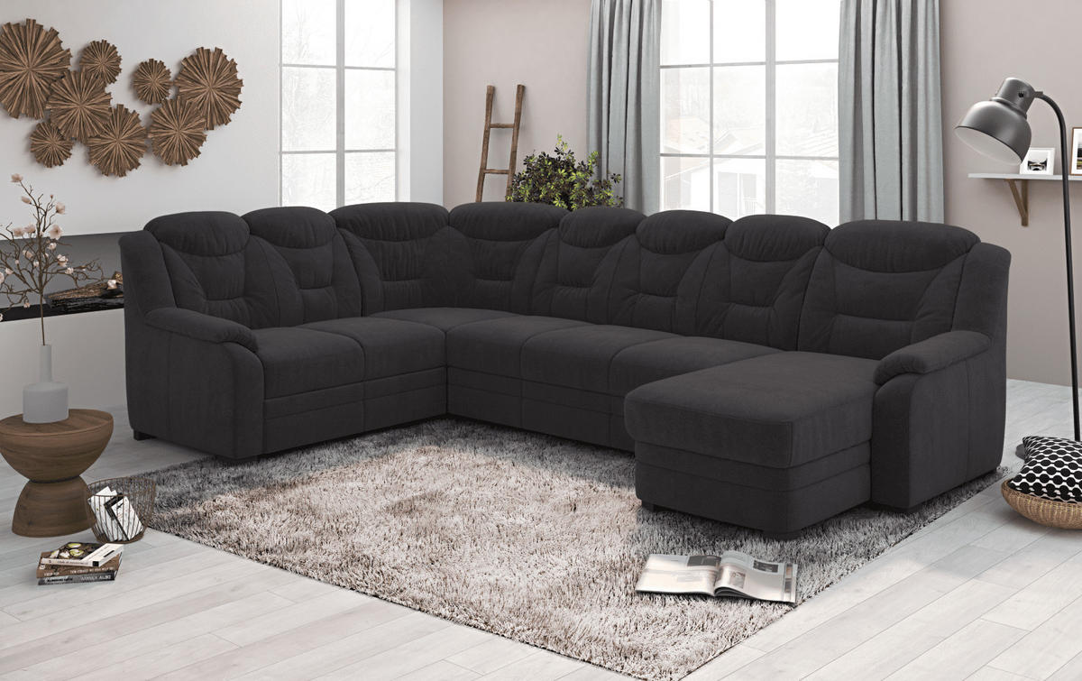 WOHNLANDSCHAFT mit Schlaffunktion und Bettkasten – weiches Chenille-Gewebe - Anthrazit/Schwarz, Holz/Kunststoff (330/99/211cm) - Cotta