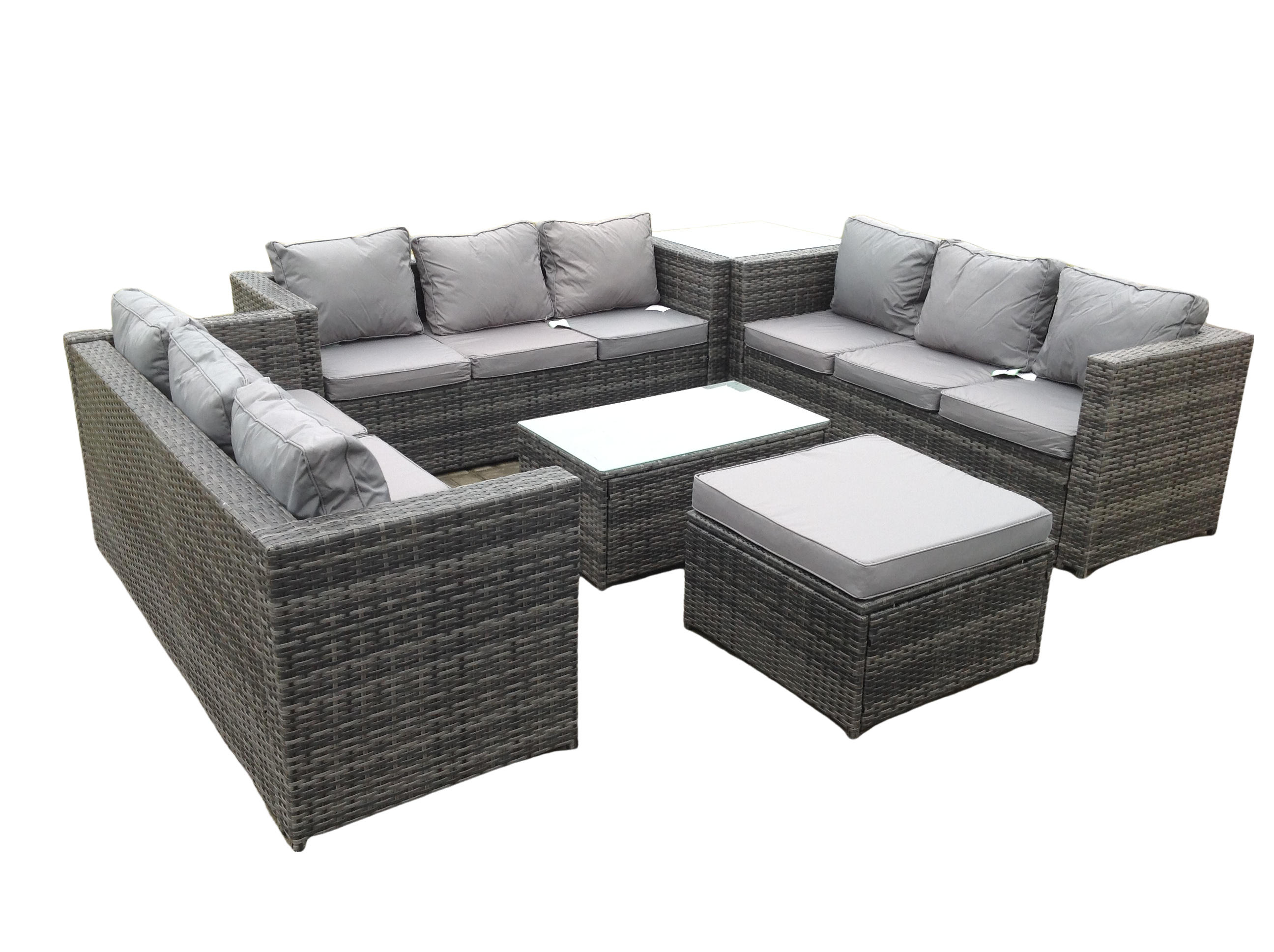 GARTENSOFA Hohe Rückenlehne Polyrattan 10-Sitzer - Dunkelgrau/Grau, Glas/Kunststoff - Fimous