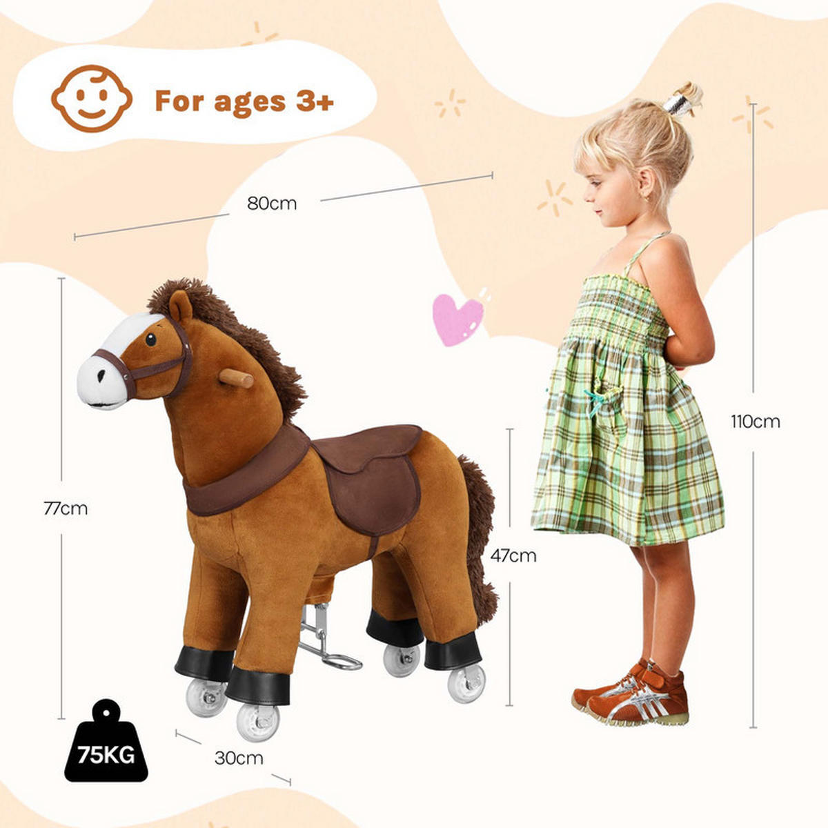 SCHAUKELPFERD Kinder – mit Sound und Rollen - Braun, Holz (30/77/80cm) - Auledio