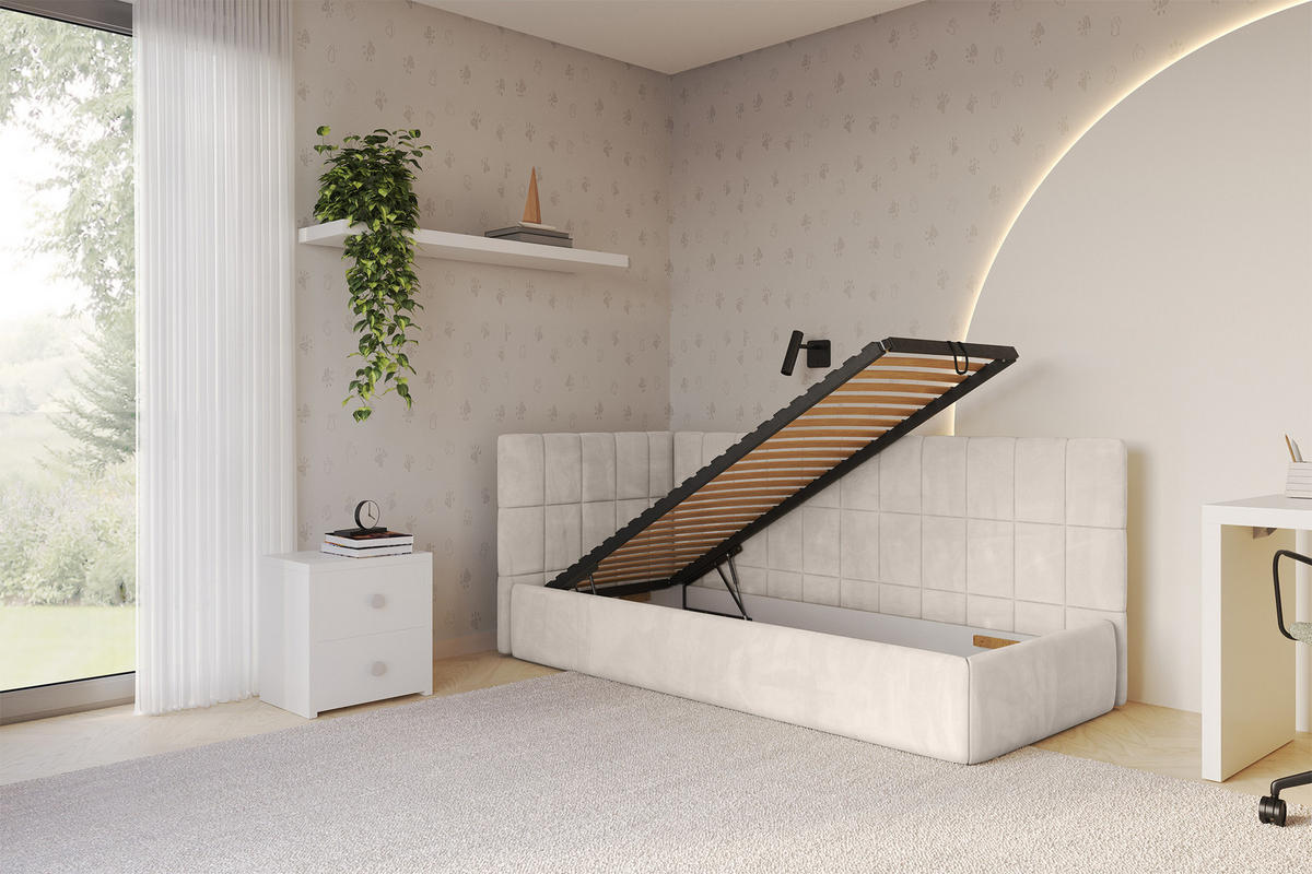 EINZELLBETT Jugendbett mit Bettkasten, Rechts - TULY 100x200 Beige - Sandfarben, Holzwerkstoff/Textil (100/200cm) - ALTDECOR