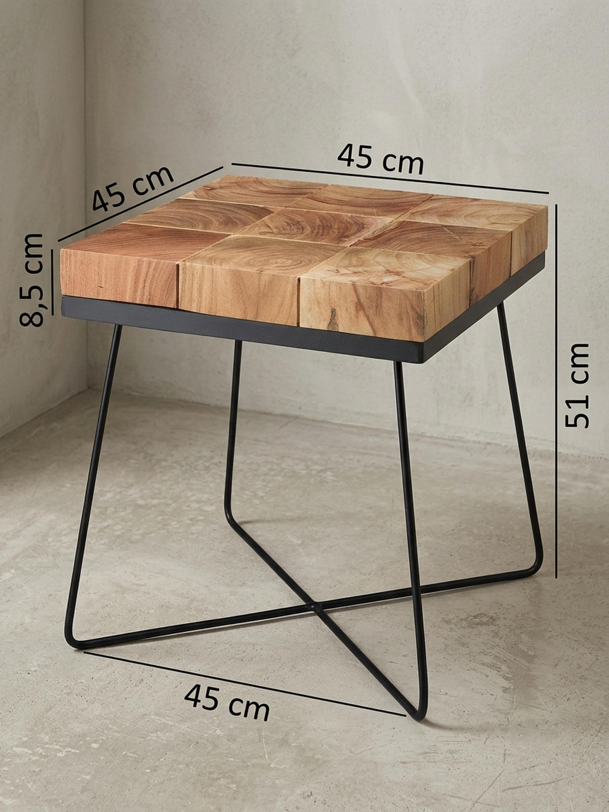 BEISTELLTISCH – Quadratisch Akazie Massivholz Metallgestell Industrial - Beige/Schwarz, Holz/Metall (45/45/51cm) - KADIMA DESIGN