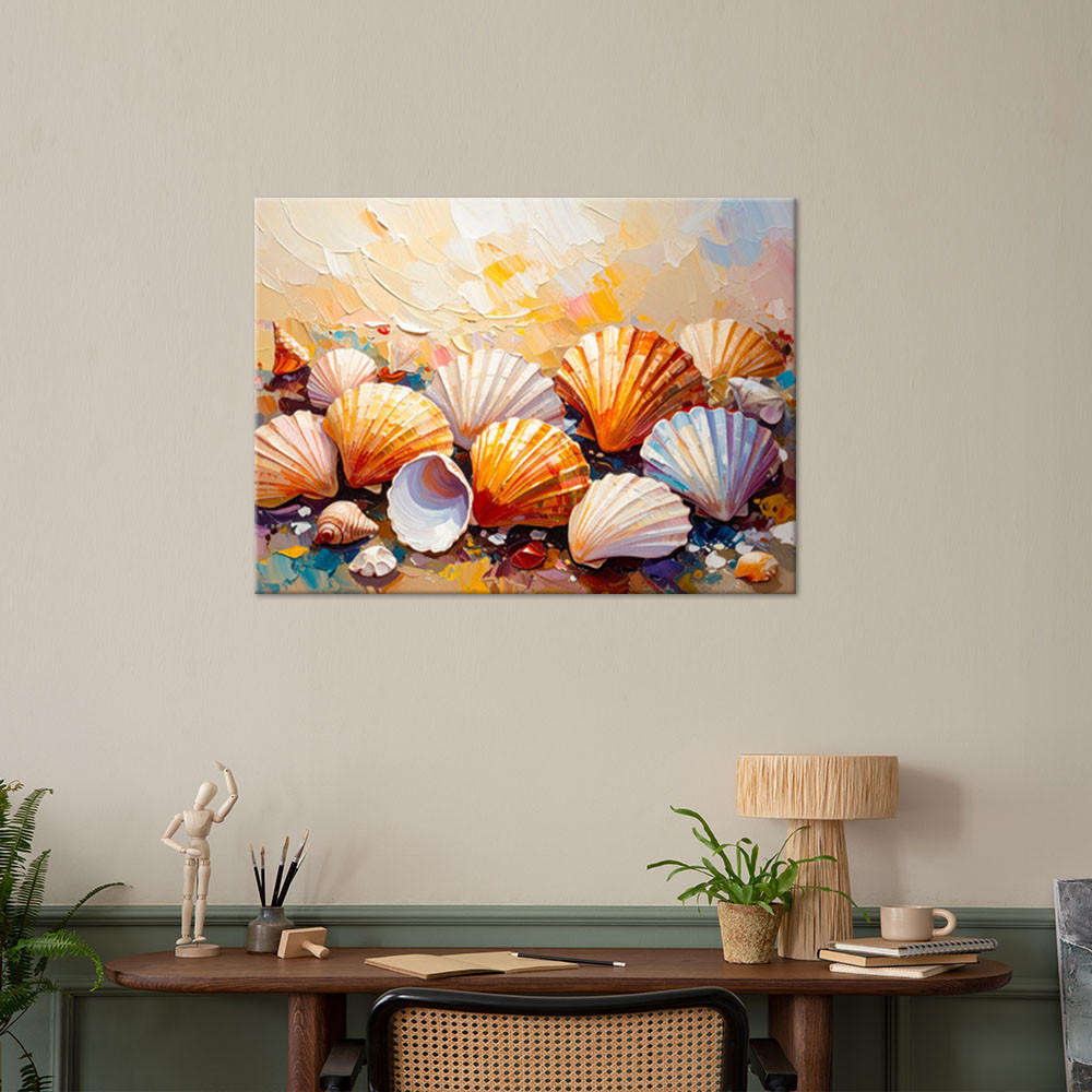 LEINWANDBILD Bunte Muscheln Strand imitierte Farbe 120x80cm - Beige, Textil (120/80cm) - Feeby