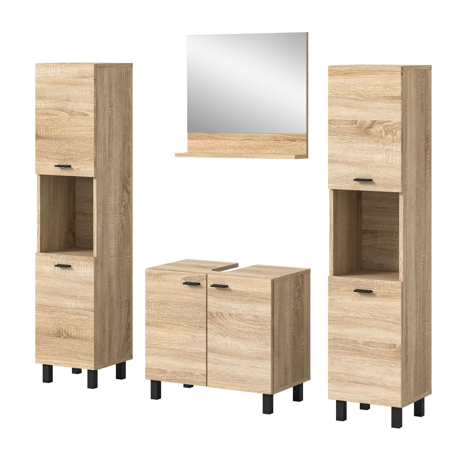 BADMÖBEL-SET Eiche 4-teilig 140 cm, Komplettset hängend oder stehend - Eichefarben, Glas/Holzwerkstoff (137/186/33cm) - Inn.Furn