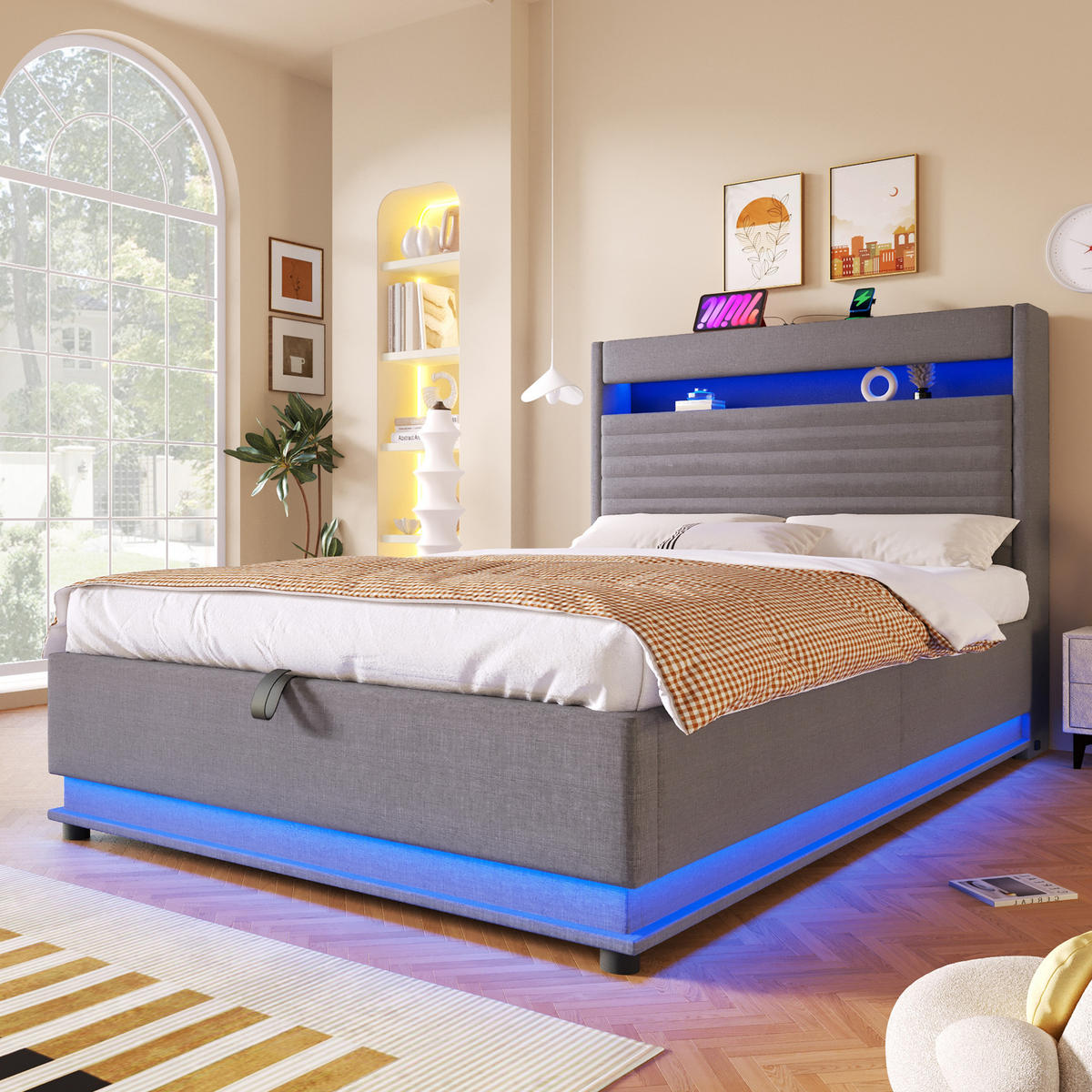 POLSTERBETT 140/200 cm in Grau Leinen mit LED, USB und Stauraum - Grau, Holzwerkstoff/Textil (140/200cm) - WISHDOR