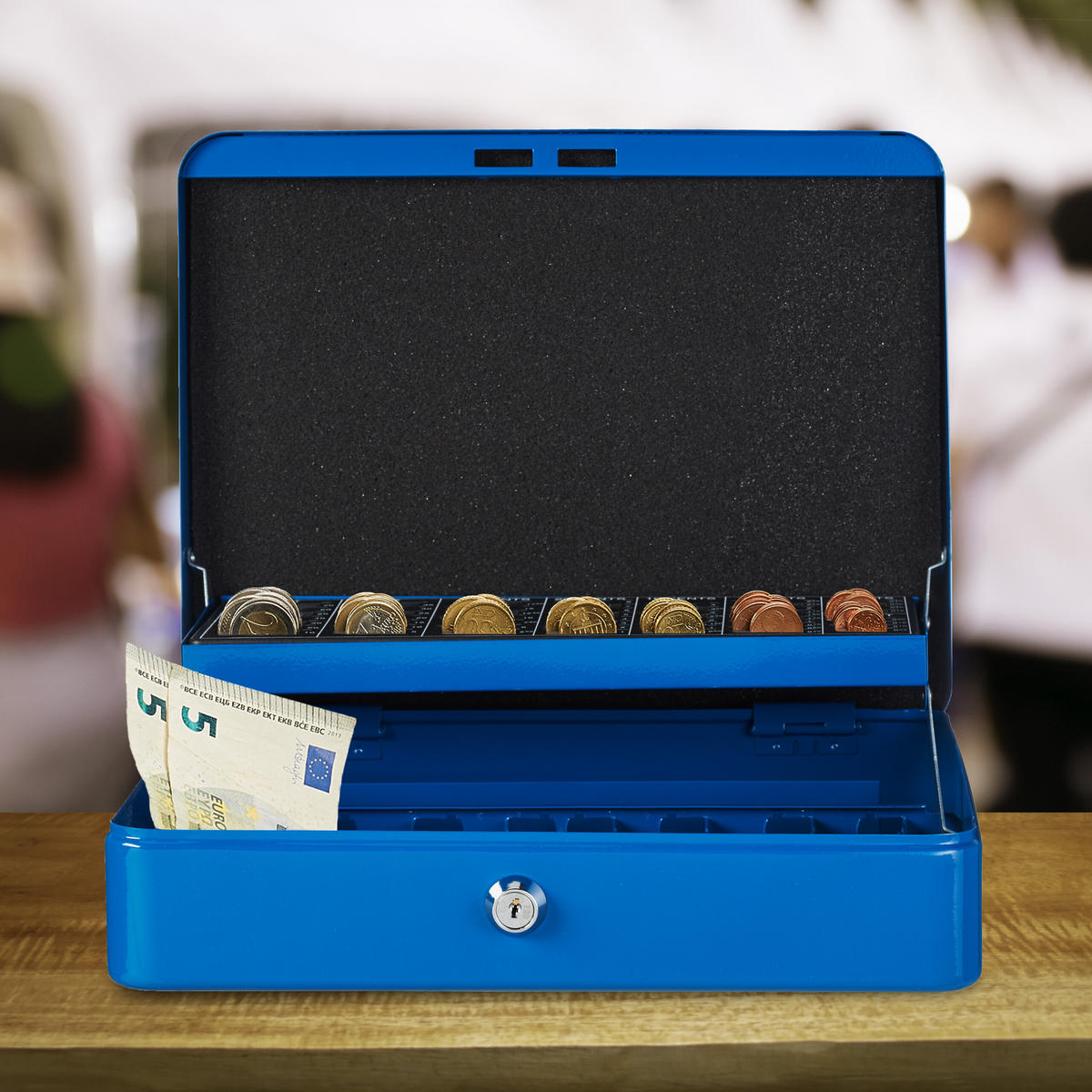 POKLADNA na mince Euro - modrá, kov/plast (30.5/8.5/24.5cm) - Relaxdays