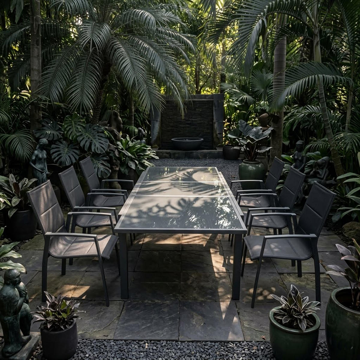 GARTEN-GARNITUR Ashford - 7-teilige Garten-Essgruppe (6x Stapelsessel mit Aluminiumgestell schwarz, Bespannung Textillehne schwarz - Schwarz, Metall - TPFGarden