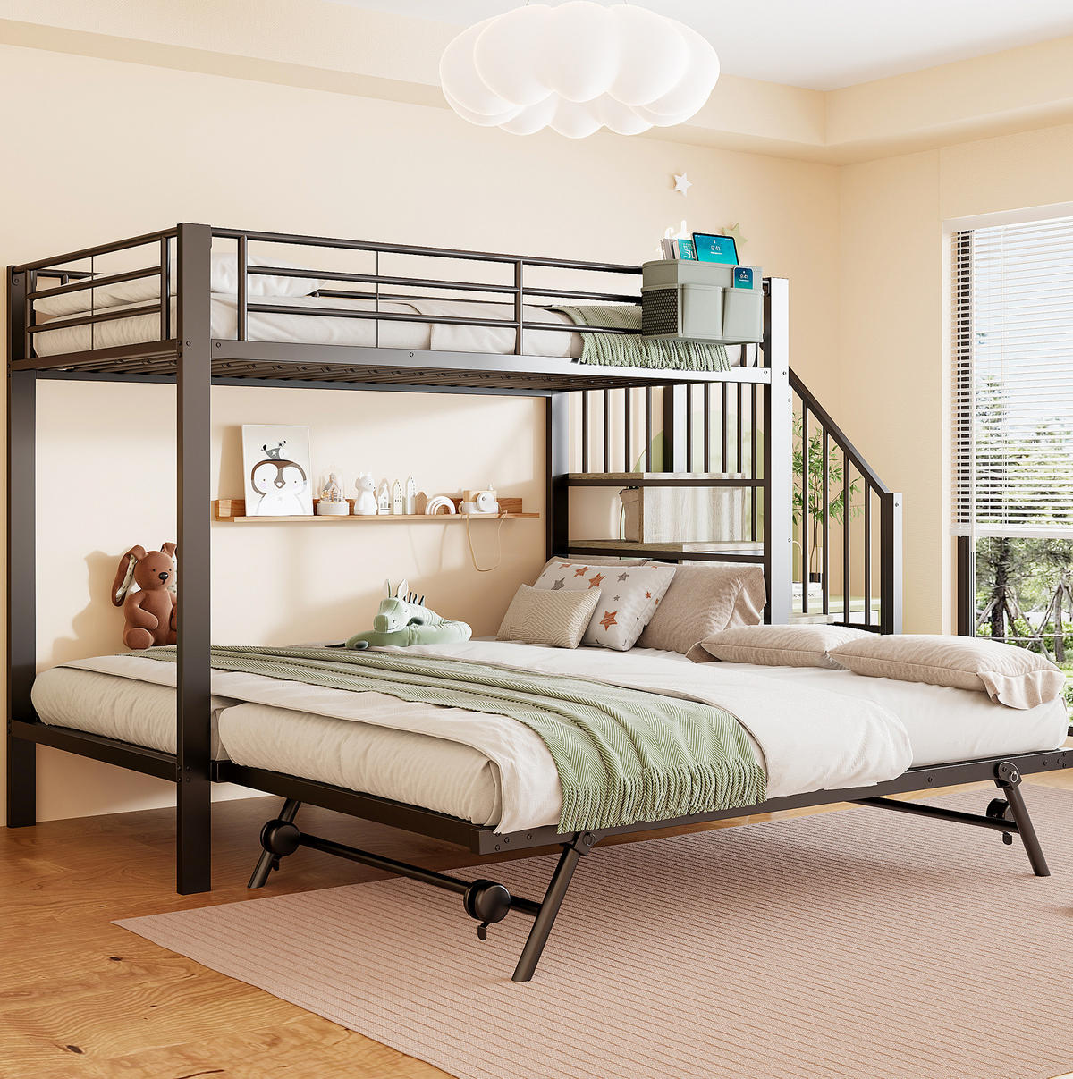 ETAGENBETT 90/200 cm mit Ausziehbett, Stauraumtreppe und Stofftasche, Metall, Schwarz - Schwarz, Metall (90/200cm) - Redom