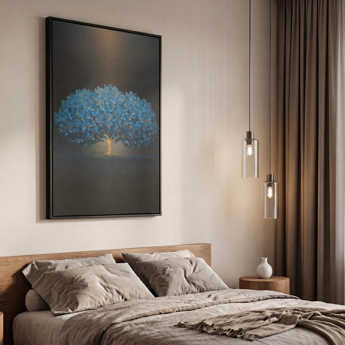 LEINWAND Bilder mit Rahmen - Baum - Blau - Blätter - Pinselstriche - 60x90 - Blau, Textil (60/90cm) - MuchoWow