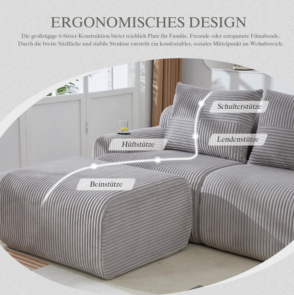 WOHNLANDSCHAFT Modulares 4-Sitzer-Sofa 333/174/80 cm hellgrau aus Cord mit 2 Hockern, Cupholder und Seitentasche - Hellgrau, Textil (174/80/333cm) - Modenvie