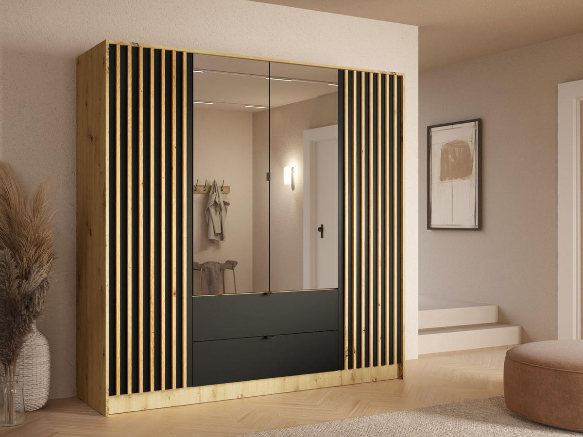 KLEIDERSCHRANK Eiche Artisan, Onyx Schwarz 200/200,5/54,5 - Eiche Artisan, Holzwerkstoff (200/201/55cm) - RAUMHIRSCH FURNITURE