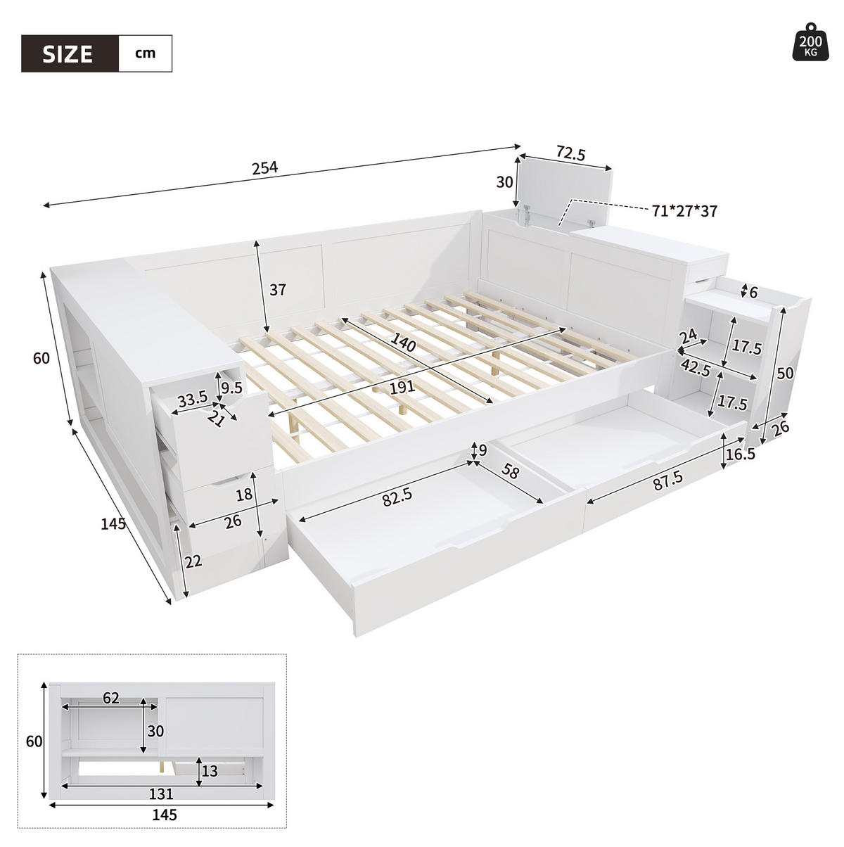 KINDERBETT 140/190 cm Weiß aus MDF mit Stauraum - Weiß, Holzwerkstoff (140/190cm) - OKMYHOME