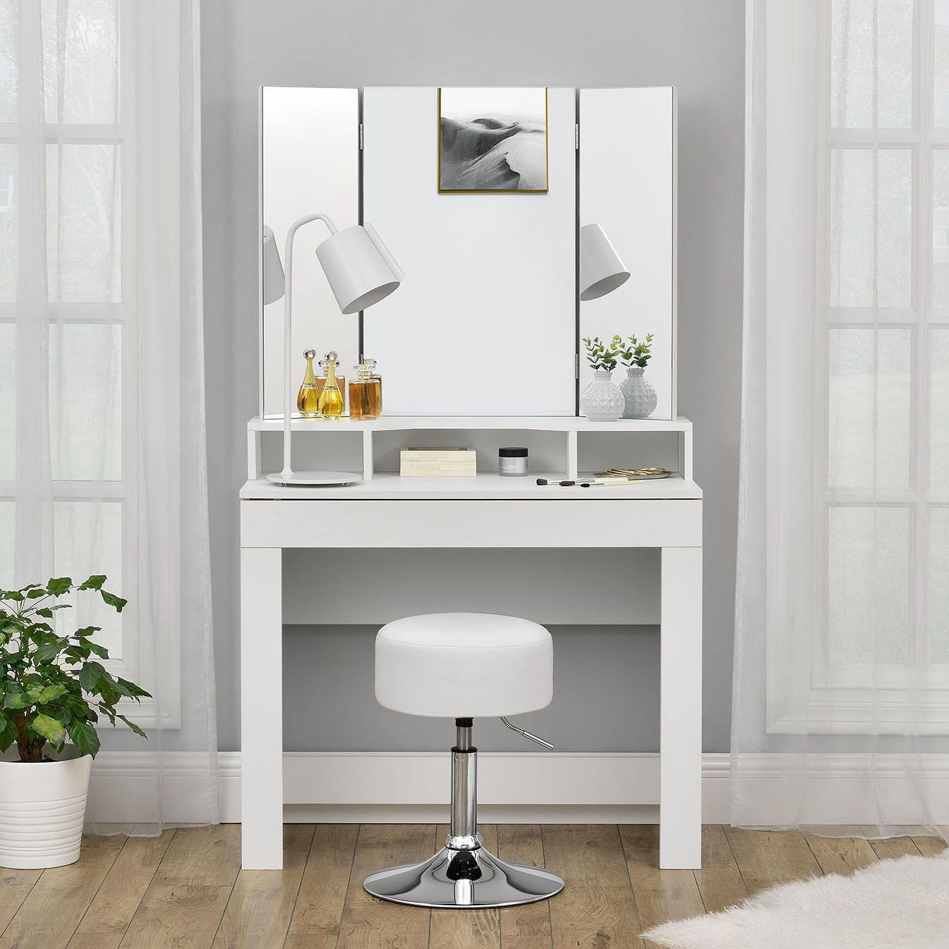 HOCKER Tonia weiß höhenverstellbar ideal für Schminktisch - Weiß, Textil (38.5/64/38.5cm) - Juskys