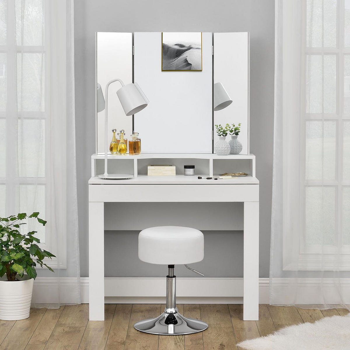 HOCKER Tonia weiß höhenverstellbar ideal für Schminktisch - Weiß, Textil (38.5/64/38.5cm) - Juskys