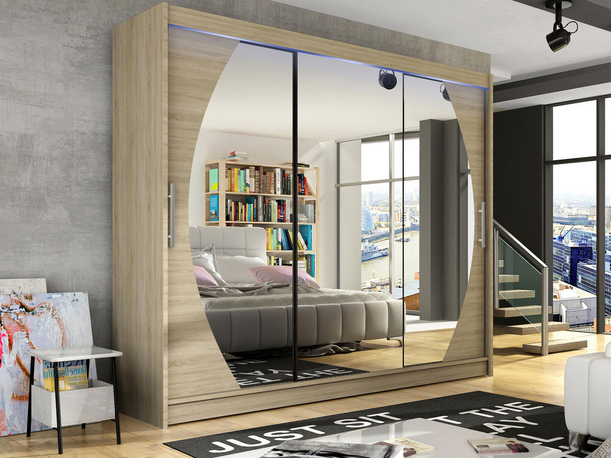 KLEIDERSCHRANK Aston V, mit RGB LED Beleuchtung - Silberfarben/Sonoma Eiche, Holzwerkstoff/Kunststoff (250/215/58cm) - MIRJAN24