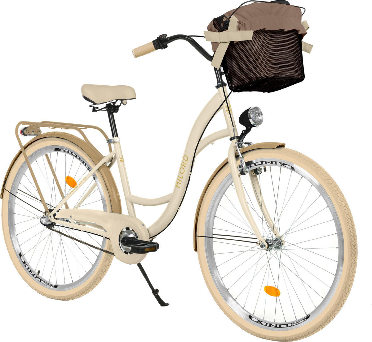 CITY-FAHRRAD Milord mit Metallkorb, 28 Zoll, Creme-Braun, 3-Gang - Creme/Braun, Metall (46cm) - Milordbikes