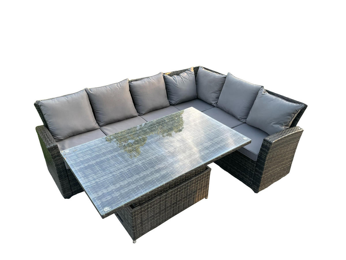 GARTENSOFA Hohe Rückenlehne Polyrattan 6-Sitzer - Dunkelgrau/Grau, Glas/Kunststoff - Fimous