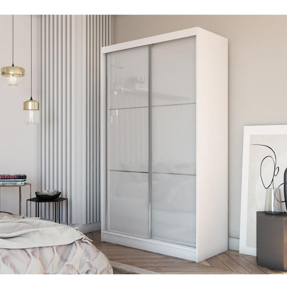 SCHWEBETÜRENSCHRANK Viva 120/216/61 weiß mit Lacobel-Glas - Weiß, Holzwerkstoff (120/216/61cm) - Beautysofa