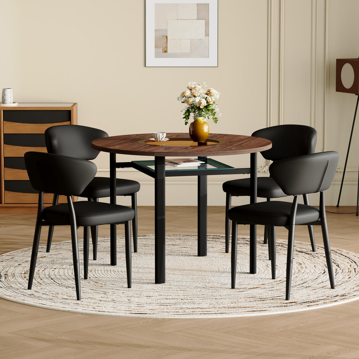 ESSGRUPPE DE-39356 5-teilig, mit 4 PU-Sesseln und Glasintarsie Braun/Schwarz - Schwarz, Metall (100/76/100cm) - ComfortXL