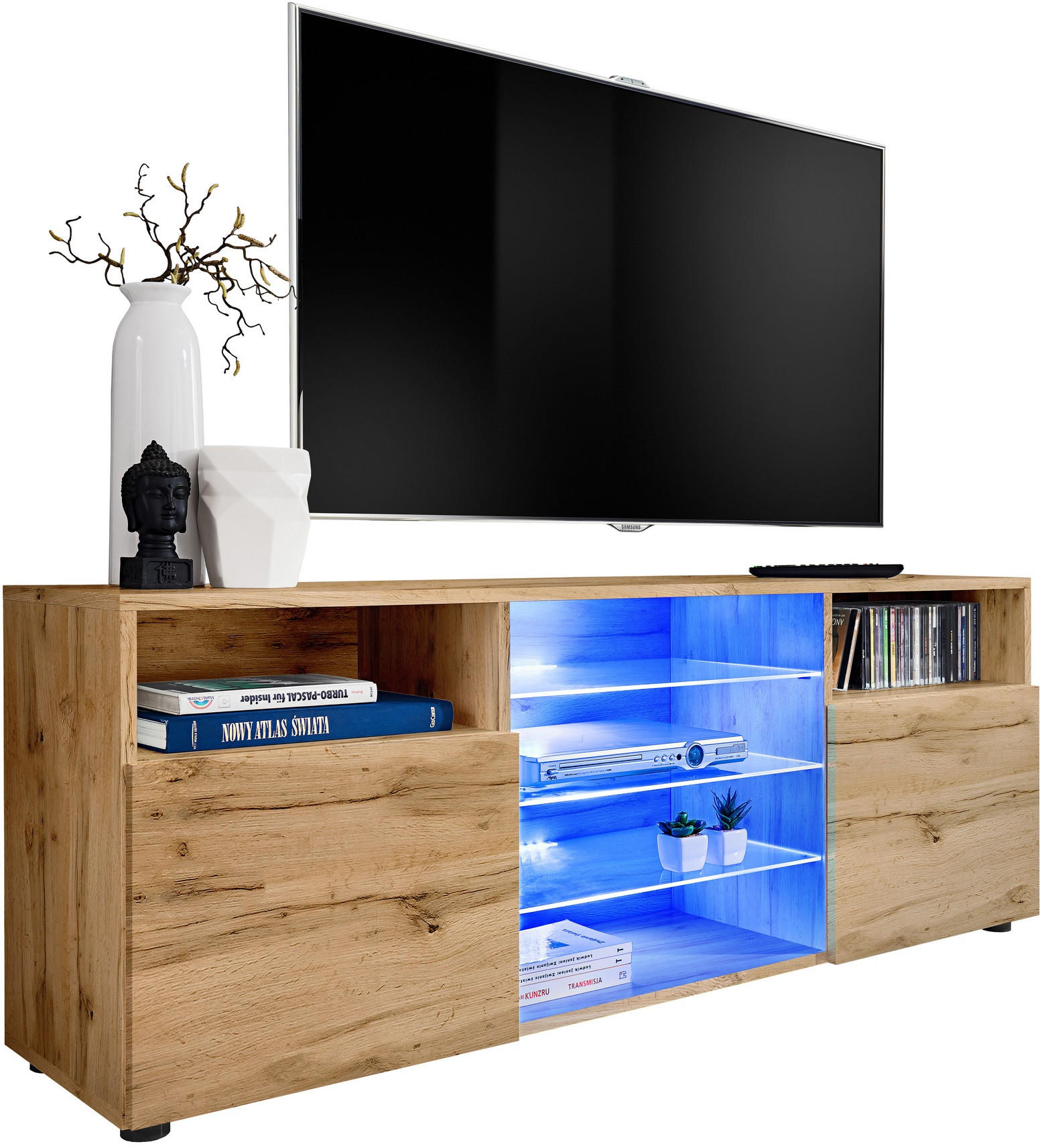 SIDEBOARD TV URBINO Schwarz, Blau LED Beleuchtung - Eiche Wotan, Glas/Holzwerkstoff (140/53/35cm) - Komodee