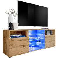 SIDEBOARD TV URBINO Schwarz, Blau LED Beleuchtung - Eiche Wotan, Glas/Holzwerkstoff (140/53/35cm) - Komodee
