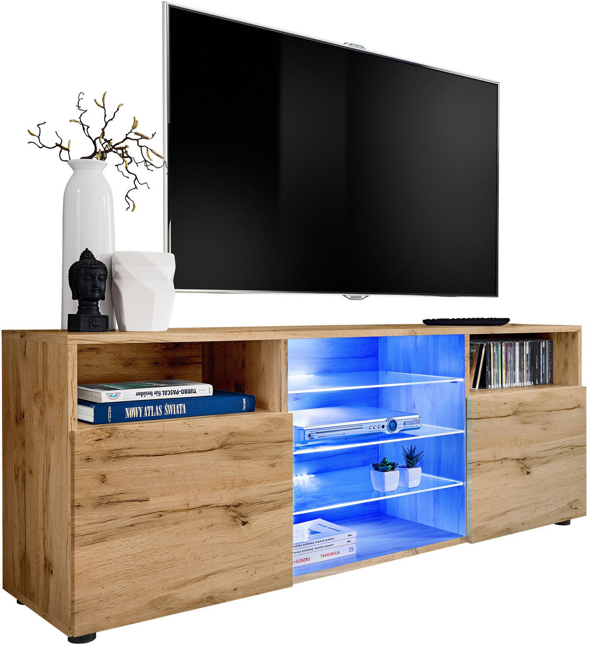 SIDEBOARD TV URBINO Schwarz, Blau LED Beleuchtung - Eiche Wotan, Glas/Holzwerkstoff (140/53/35cm) - Komodee