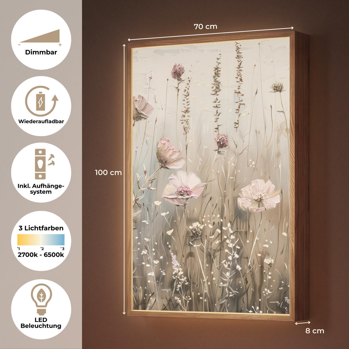 NÁSTĚNNÁ LAMPA S AKUMULÁTOREM Květiny - růžová - moderní - béžová 70x100 cm - starorůžová, kompozitní dřevo (70/100/8cm) - OnlyWow