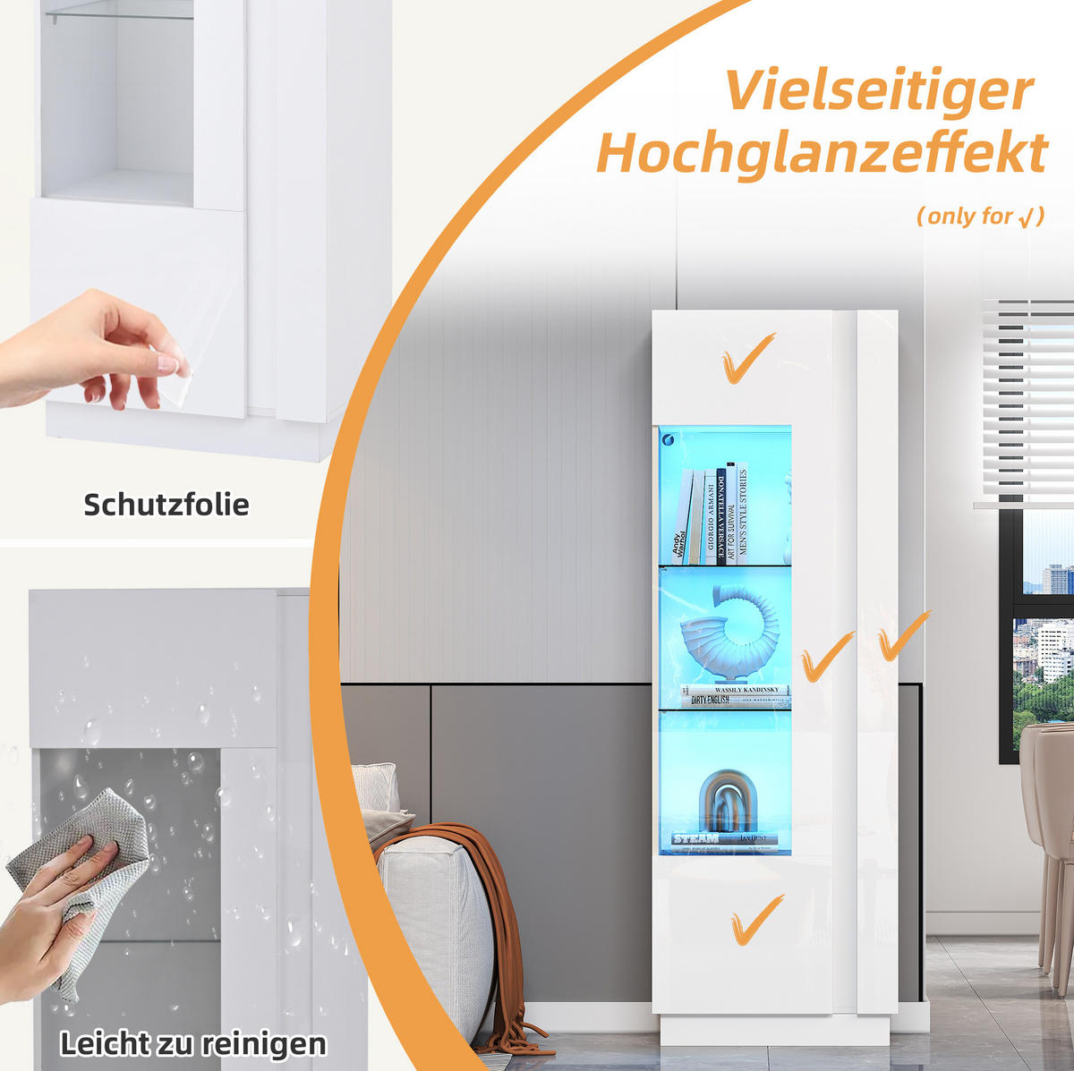 VITRINE 60/40/180 cm in Weiß mit LED-Beleuchtung und Acryltür - Weiß, Holzwerkstoff (60/180/40cm) - Flora Grace