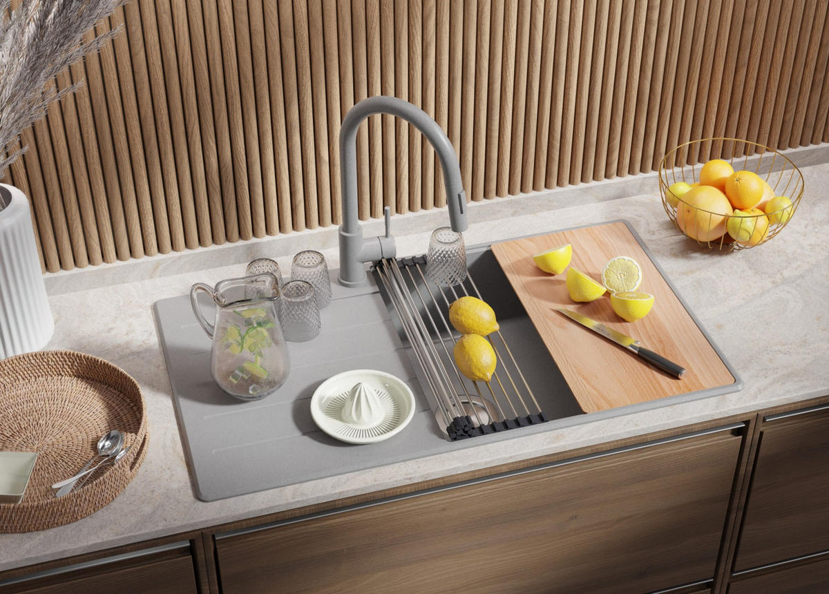 SPÜLBECKEN Kopenhagen, 2-er set Grau 90/50 cm 1 Becken + Ablauf-Set + Schneidebrett ab 60er Unterschrank - Beige/Grau, Kunststoff (90/20/50cm) - Primagran