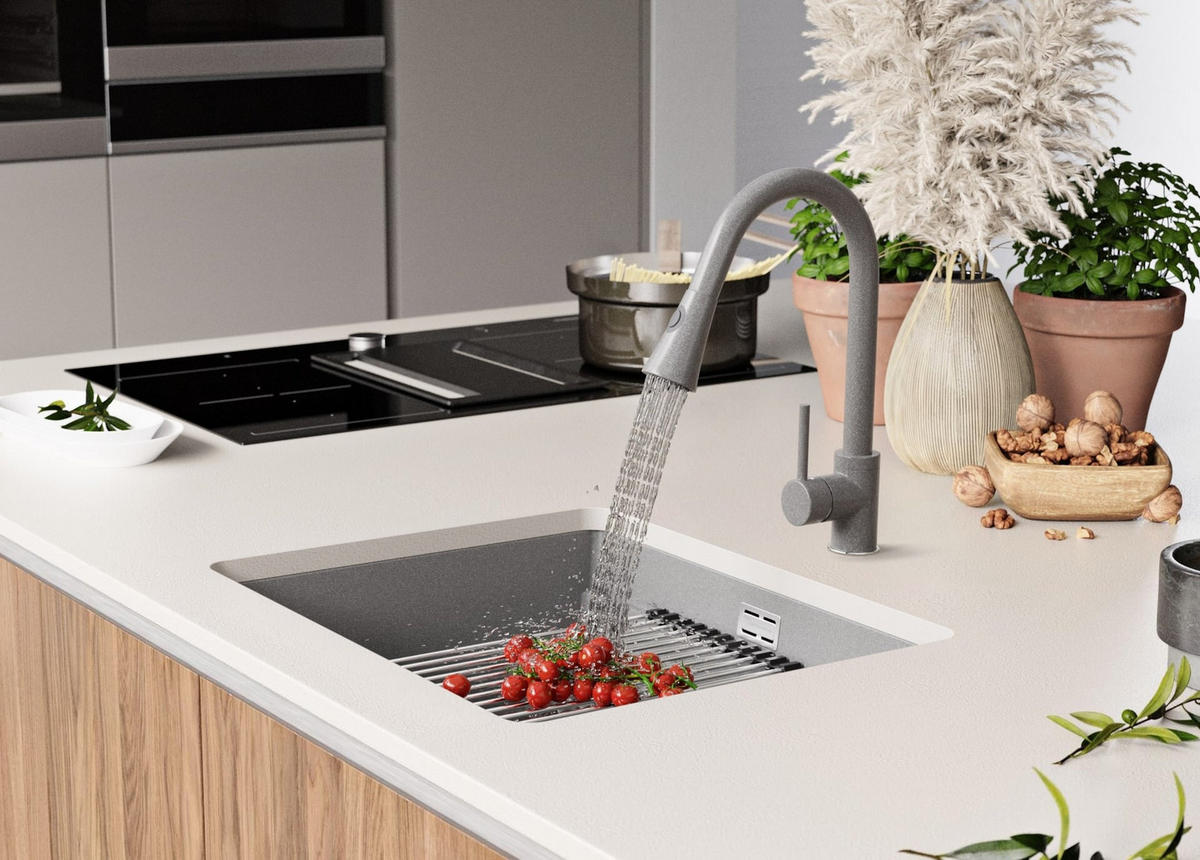 UNTERBAUSPÜLE GRANIT Praga, 2-er set Grau 56/47 cm 1 Becken + Ablauf-Set + Aufrollbare Abtropffläche ab 60er Unterschrank - Chromfarben/Grau, Kunststoff (56/20/47cm) - Primagran