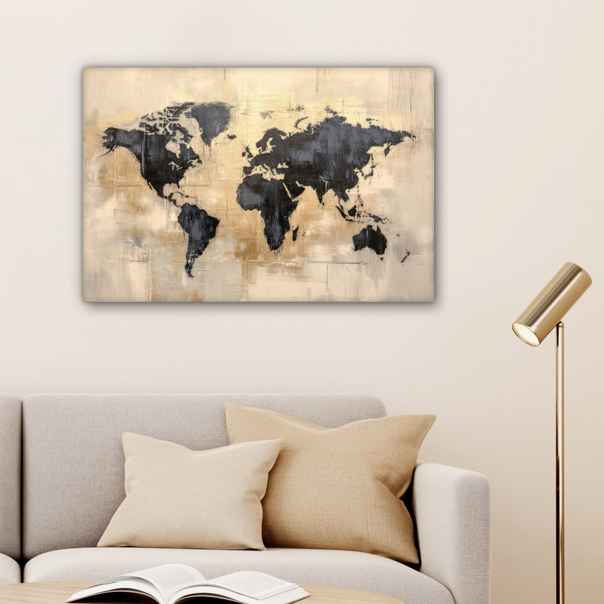 LEINWANDBILD Weltkarte - Gold - Schwarz - Abstrakt Gemälde 60x40 cm - Kupferfarben, Textil (60/40cm) - MuchoWow