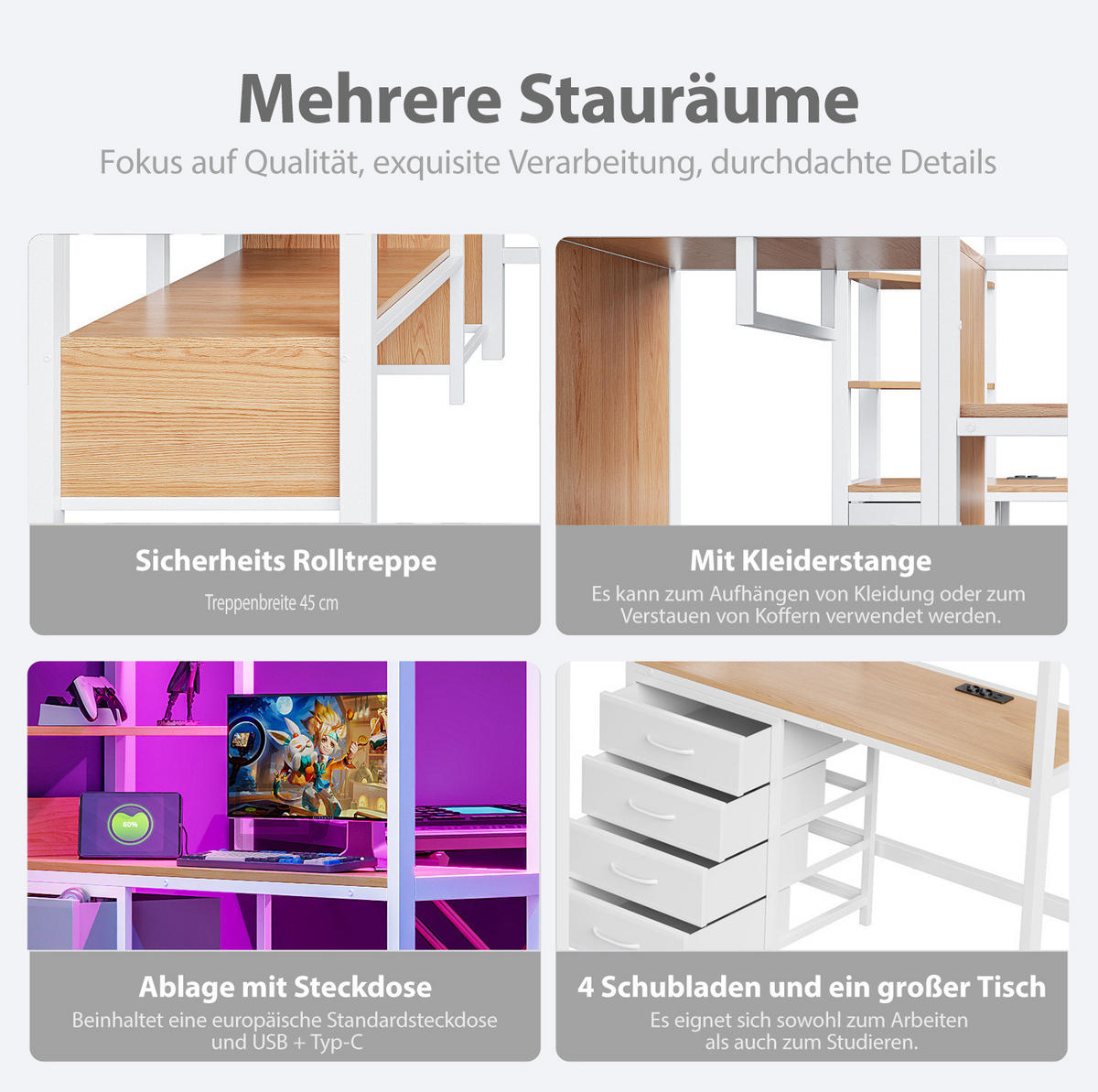 HOCHBETT 140/200 cm aus Metall mit Schreibtisch, Stauraum, LED und Steckdose, Weiß - Weiß, Metall (140/200cm) - OKMYHOME
