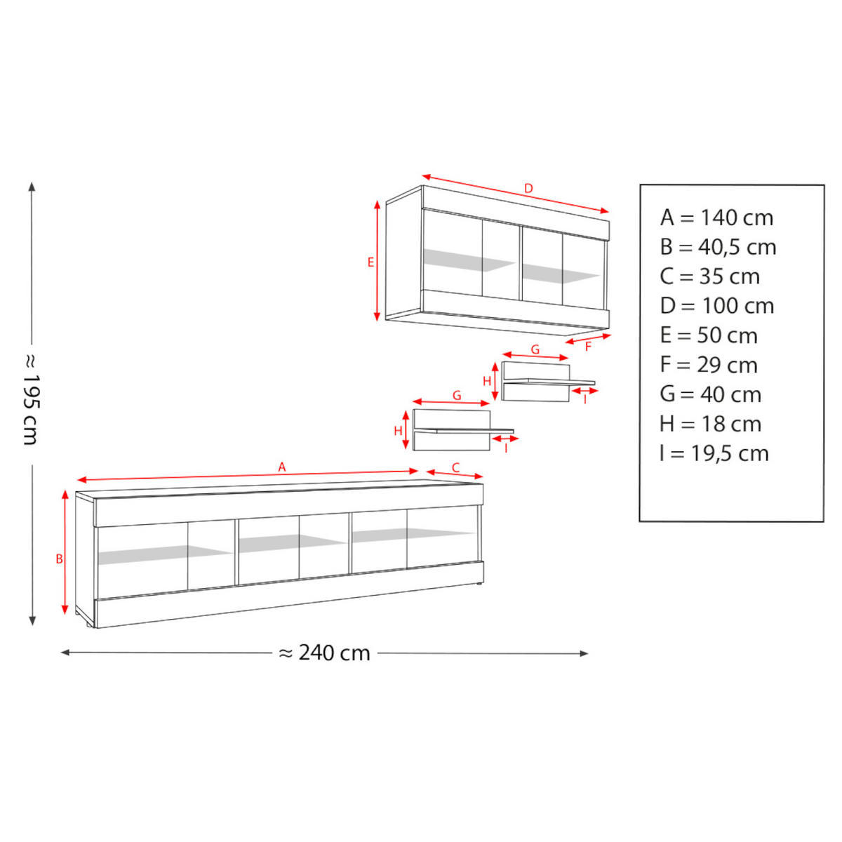 WOHNWAND 4-er Set, TIVOLI SET3 mit mehrfarbige LED RGB Beleuchtung Schwarz + Weiß, Offener Raum - Eiche Wotan/Weiß, Glas/Holzwerkstoff (240/195/35cm) - Komodee